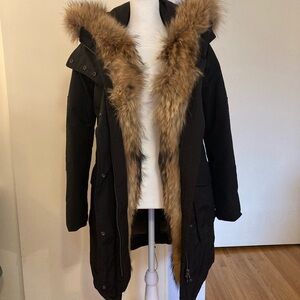 Woolrich Black Puffer Coat with Real Asiatic Raccoon Fur Trim and Duck Down Fill